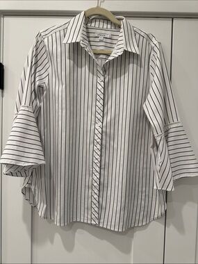 Chico's White Shirt with Navy Pinstripes and Bell Sleeves